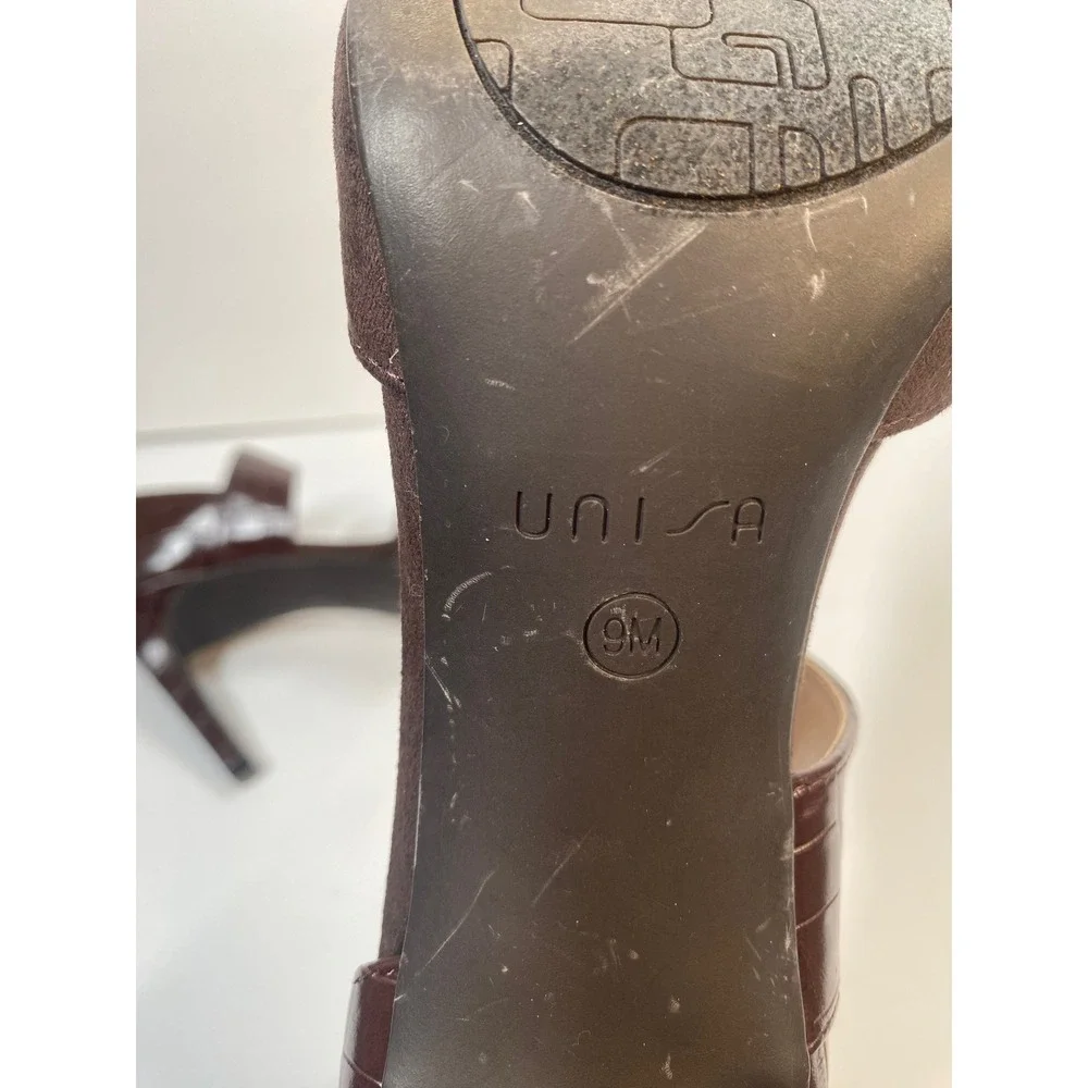 Unisa Pumps Womens 9M Brown Croc Suede Stiletto Ankle Strap Heels Office Chic